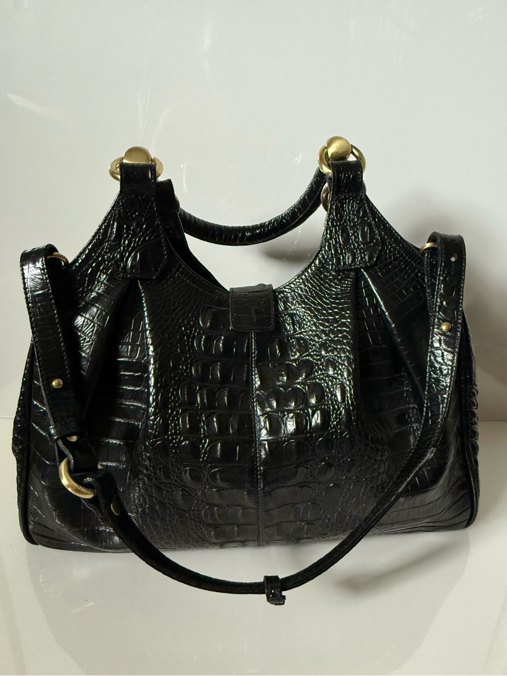 Brahmin Black Croc Embossed Leather Satchel/Shoulder Bag Large Gold Hardware - Picture 9 of 16